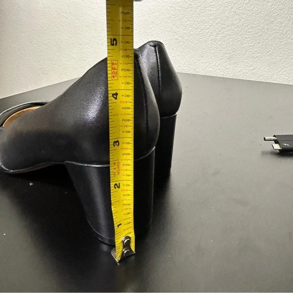 Cole Haan Black Leather Pump‎ Block Heels Pointed Toe Woven Detail Size 7B
